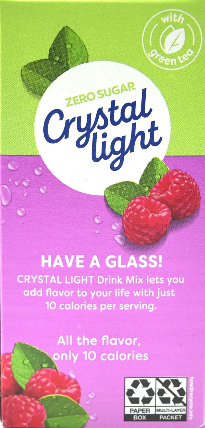 Crystal Light On-The-Go Drink Mix, Natural Flavor Powdered Beverage Mix, Made with Green Tea, No Artificial Flavors, 5 Calories Per Packet, Raspberry Green Tea, 0.09 Ounce Packets, 10 Count (Pack of 6)
