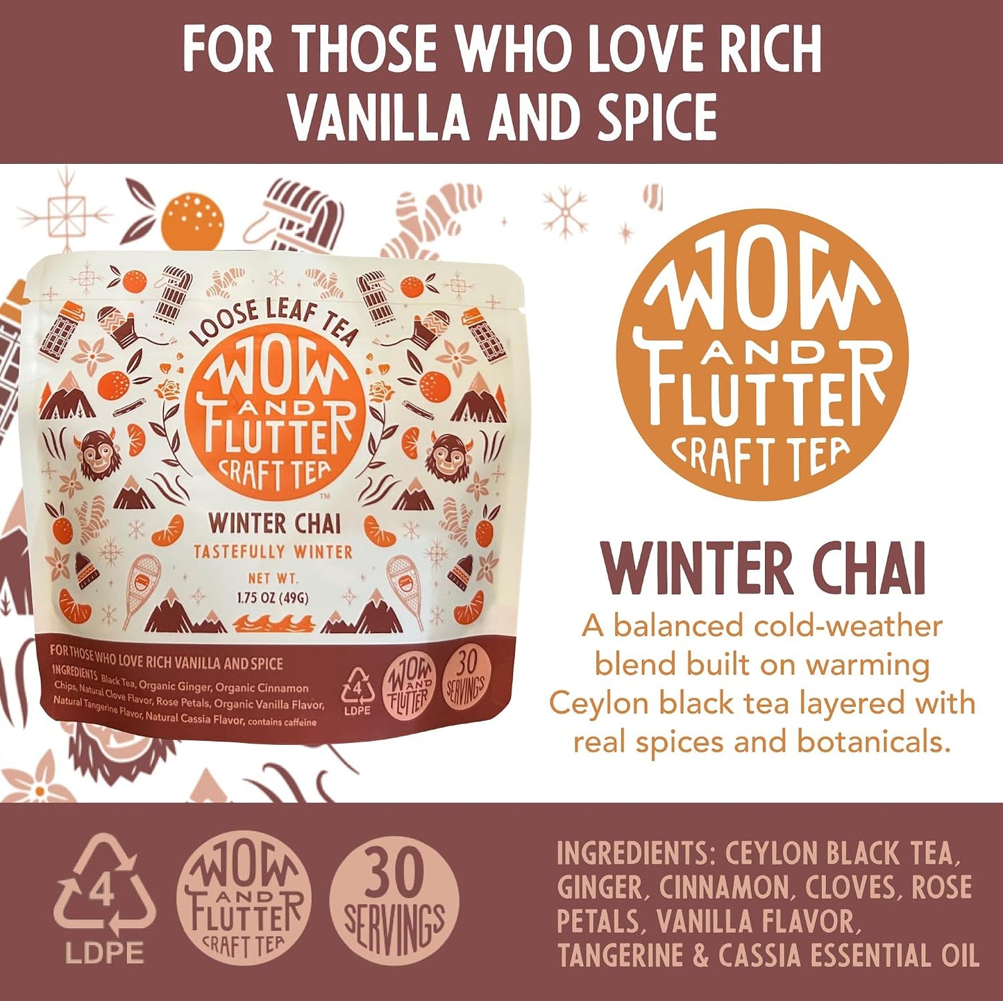 Wow and Flutter Winter Chai Loose Leaf Black Tea, Ginger &amp; Cinnamon 1.75 oz | Caffeinated spiced blend cloves, vanilla, rose, bright citrus finish for cozy at-home lattes, Small-batch dependable flavor