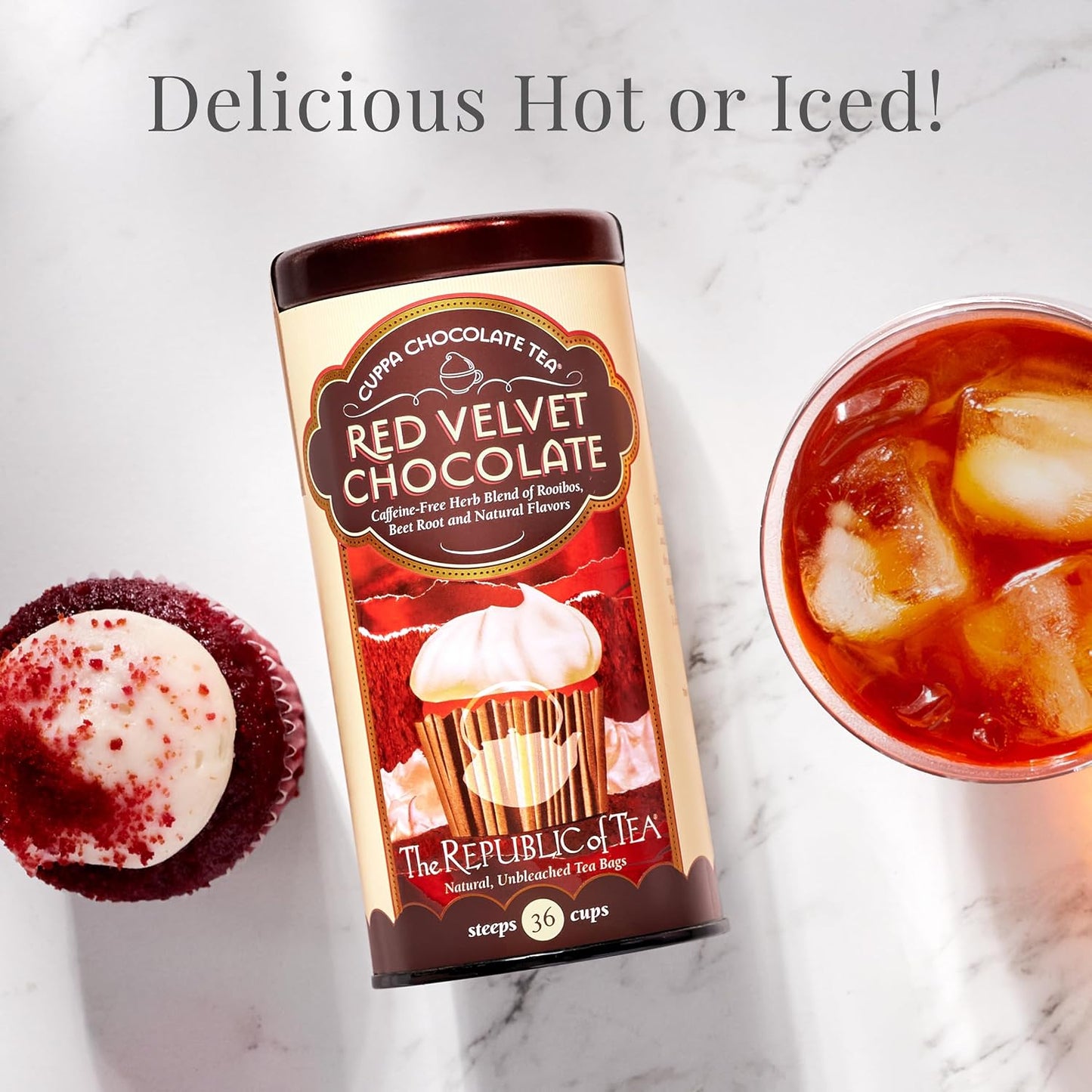 The Republic of Tea Cuppa Chocolate Red Velvet Herbal Tea, 36 Count | Caffeine Free. Suitable for day or evening sipping. Mellow rooibos with notes of soft vanilla and cocoa richness.