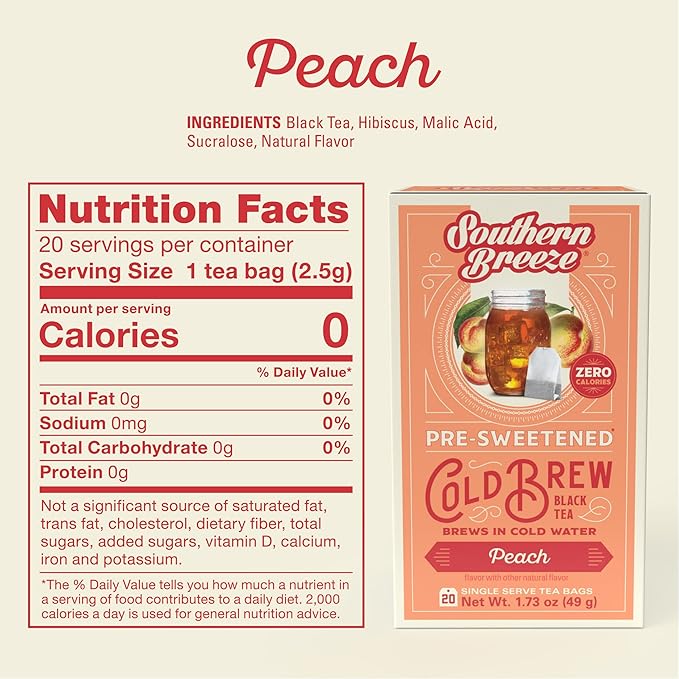 Southern Breeze Cold Brew Sweet Tea Peach Iced Tea with Black Tea and Zero Carbs Zero Sugar