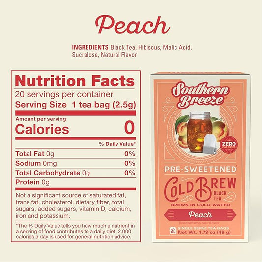 Southern Breeze Cold Brew Sweet Tea Peach Iced Tea with Black Tea and Zero Carbs Zero Sugar, 20 Individually Wrapped Tea Bags Southern Sweet Tea Iced Tea Beverage