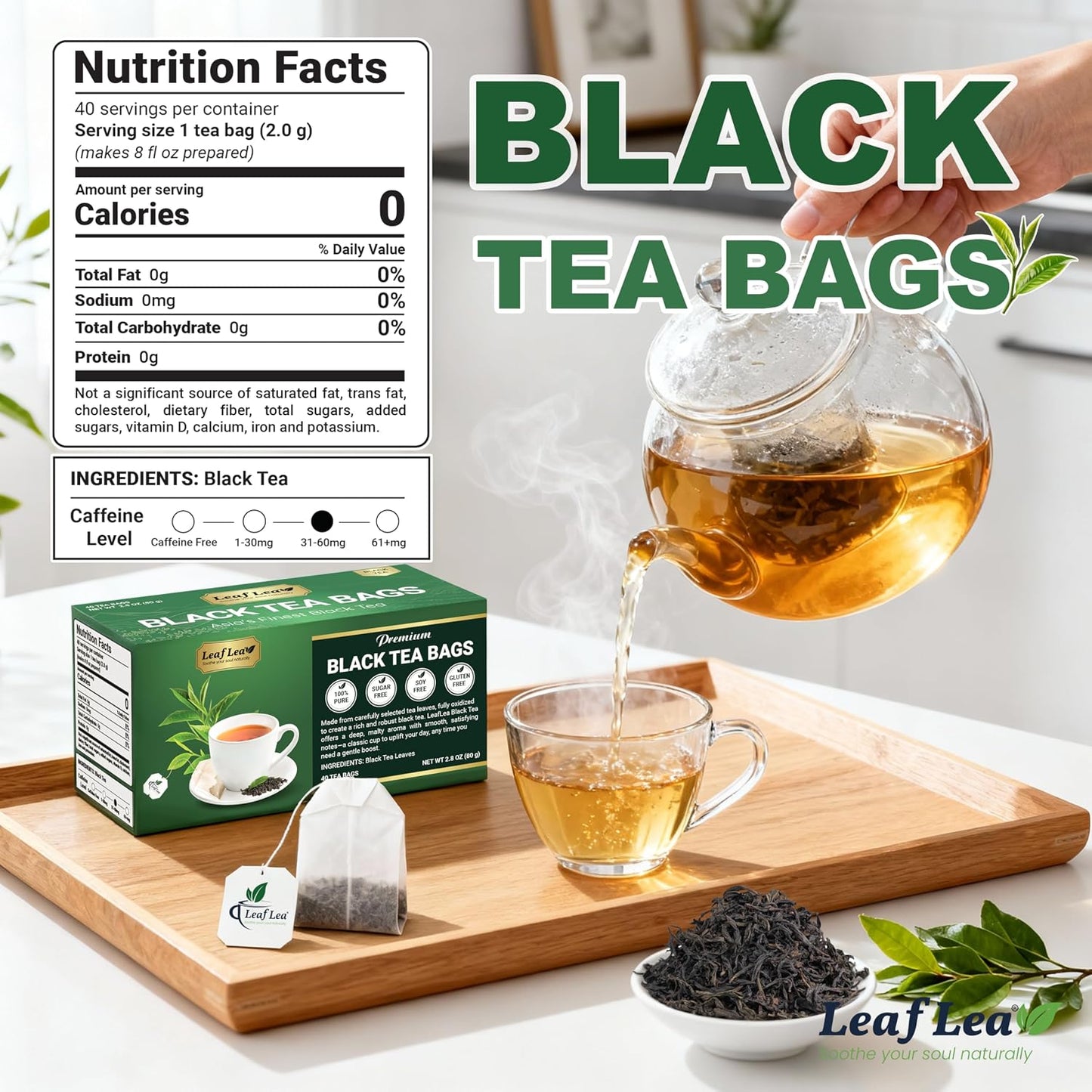 LeafLea Black Tea Bags, Strong Full-Bodied Black Tea Leaves, 40 Count | Bold, Naturally Caffeinated Morning Brew with Smooth Malty Finish; Sugar-Free, Vegan; Individually Foil-Wrapped