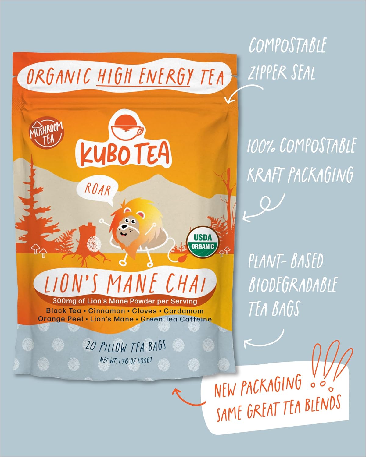 Kubo Lion's Mane Chai Tea Bags, Organic High Caffeine Black Tea, 20 Count | Mushroom, Organic, High Caffeine Black Tea, Lion's Mane