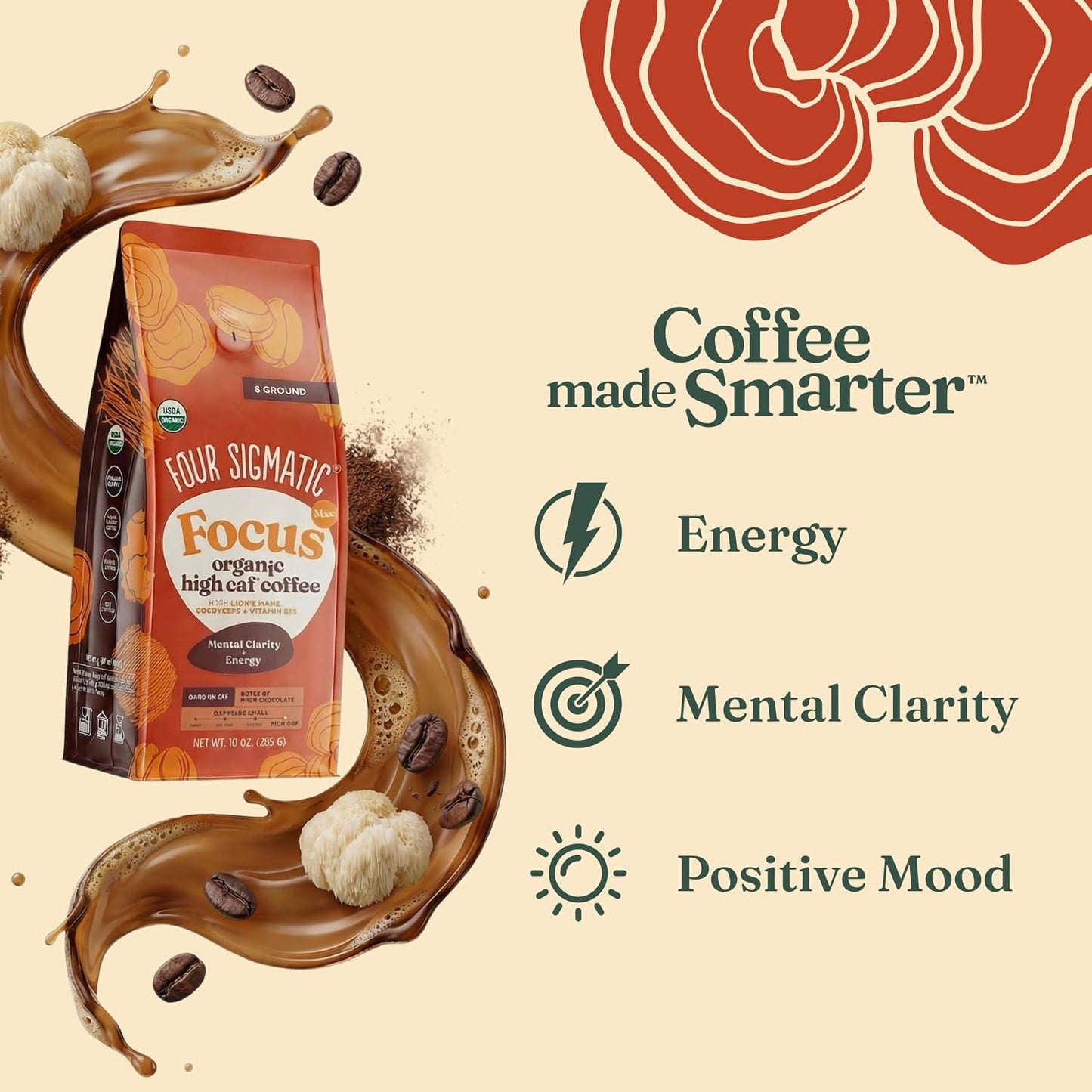 Four Sigmatic Focus Max High Caffeine Cordyceps Coffee | Organic Dark Roast High Caffeine Ground Coffee with Cordyceps, Lion's Mane and B12 | Energy Booster Without the Jitters | 10oz Bag
