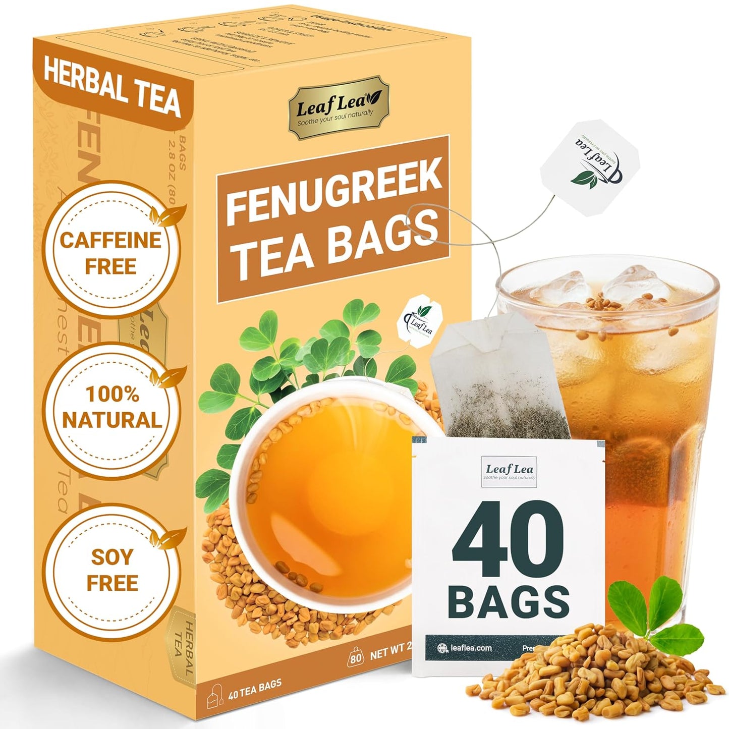 LeafLea Fenugreek Tea Bags, Pure Fenugreek Seed Herbal Infusion, 40 Count | 100% Pure Fenugreek Seeds, Fenogreco Tea, Nutty Maple-Like Flavor, Caffeine-Free, Vegan, Individually Foil-Wrapped