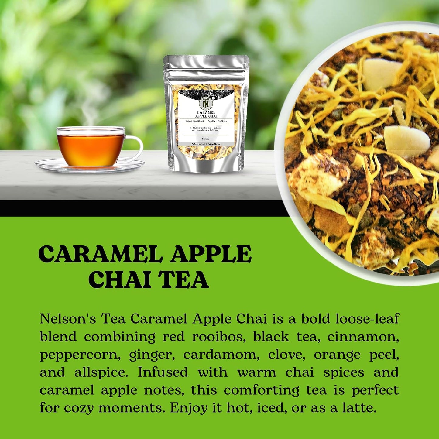 Nelson's Tea Caramel Apple Chai Dessert Loose Leaf Tea, Sample 0.5 Oz | Cinnamon • Cardamom • Spiced • Chai • Black Tea • Rooibos • Chai Loose Leaf • Red Rooibos • Loose Leaf Tea