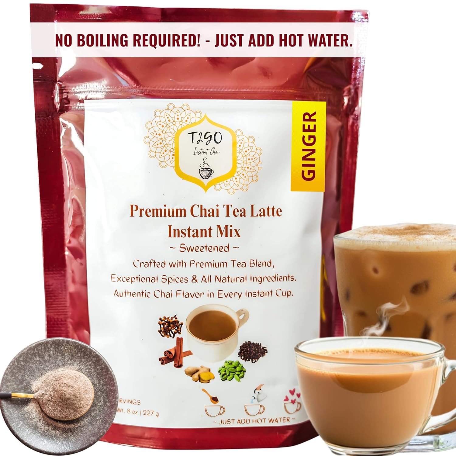 T2GO Instant Ginger Chai Latte Powder – Authentic Indian Chai Tea Mix | Low Sugar | Instant Chai Latte