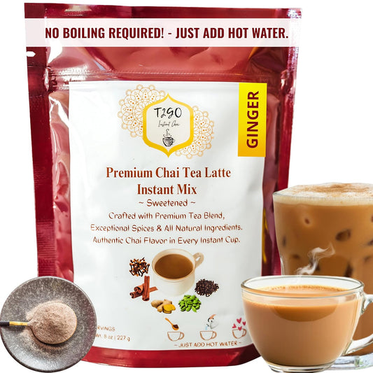T2GO Instant Ginger Chai Latte Powder – Authentic Indian Chai Tea Mix | Low Sugar | Instant Chai Latte