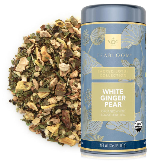 Teabloom Organic White Tea, White Ginger Pear Loose Leaf Tea, Distinctive and Delicate White Tea, USDA Certified Organic and Kosher Certified, 3.53 oz/100 g Canister Makes 35-50 Cups