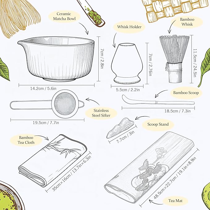 Pink Traditional Matcha Set Whisk and Bowl, 8 Pcs Matcha Making Kit Includes Ceramic Bowl with Spout, Bamboo Whisk, Holder, Scoop, Sifter