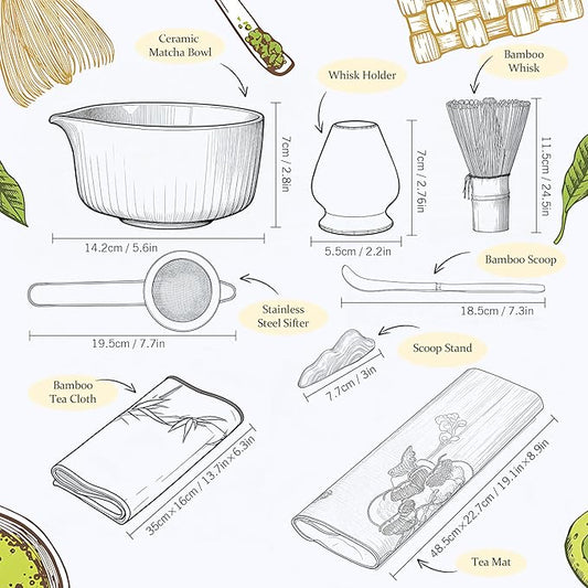 Pink Traditional Matcha Set Whisk and Bowl, 8 Pcs Matcha Making Kit Includes Ceramic Bowl with Spout, Bamboo Whisk, Holder, Scoop, Sifter