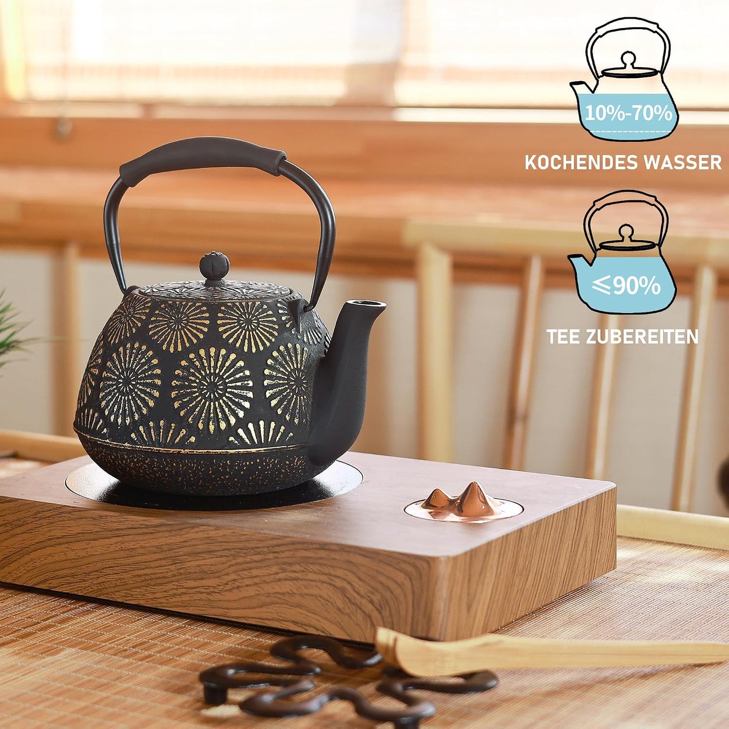 Cast Iron Teapot, 40oz Tea Kettle with Infuser for Stove Top, Sakura Design Japanese Tea Pot for Tea&amp;Coffee Coated with Enameled Interior, Silicone Handle 1200ml black