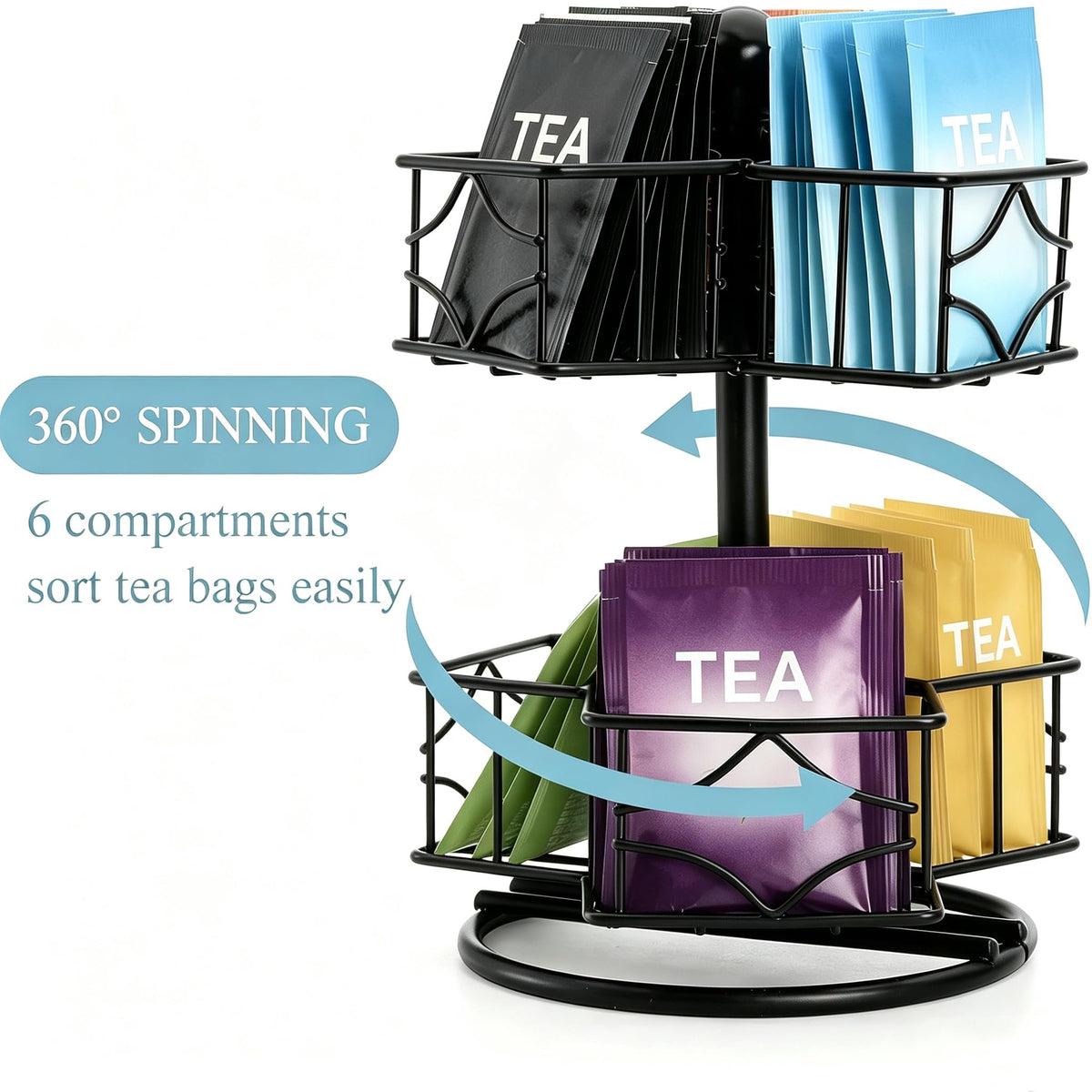 Frcctre Tea Bag Organizer, 360 Degree Tea Bag Spining Carousel Organizer with 6 Compartments, Lazy Susan Sugar Coffee Creamer
