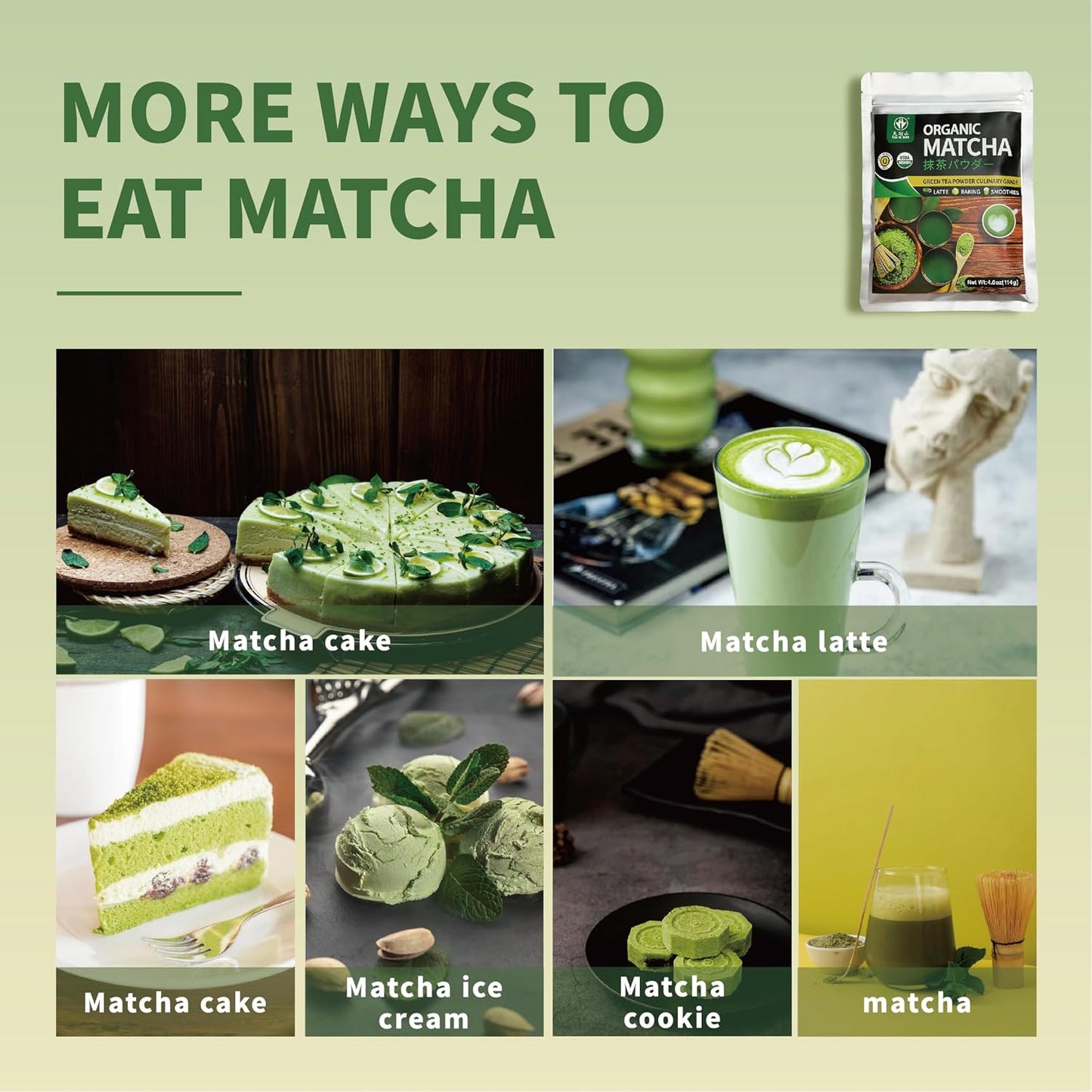 TIAN HU SHAN Organic Matcha Green Tea Powder 4oz for Latte Baking | Organic Matcha Powder