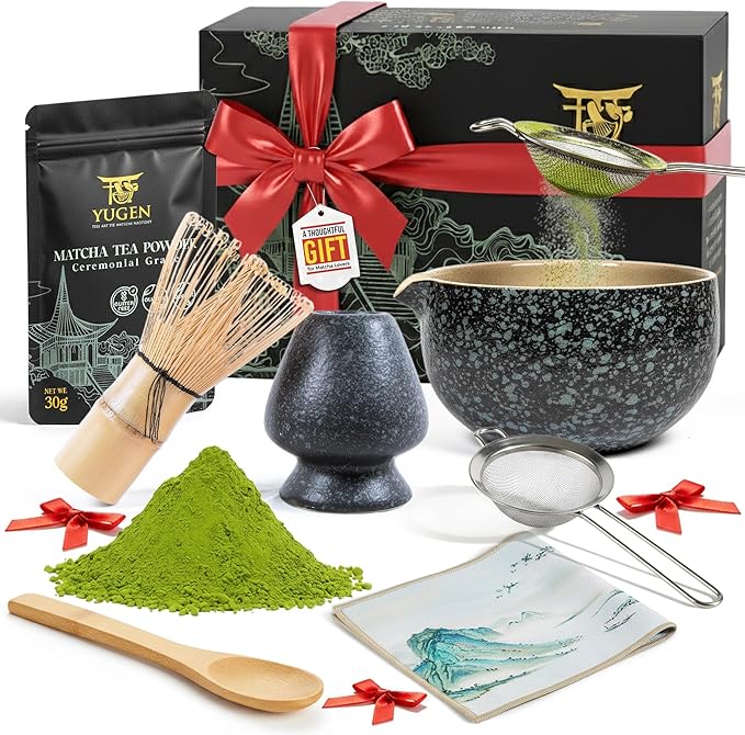 7 Piece Matcha Whisk Set, Includes 30g Ceremonial Grade Matcha Powder, Metal Sifter, Bamboo Whisk, Whisk Holder, Bamboo Spoon, Tea Cloth, Matcha Bowl