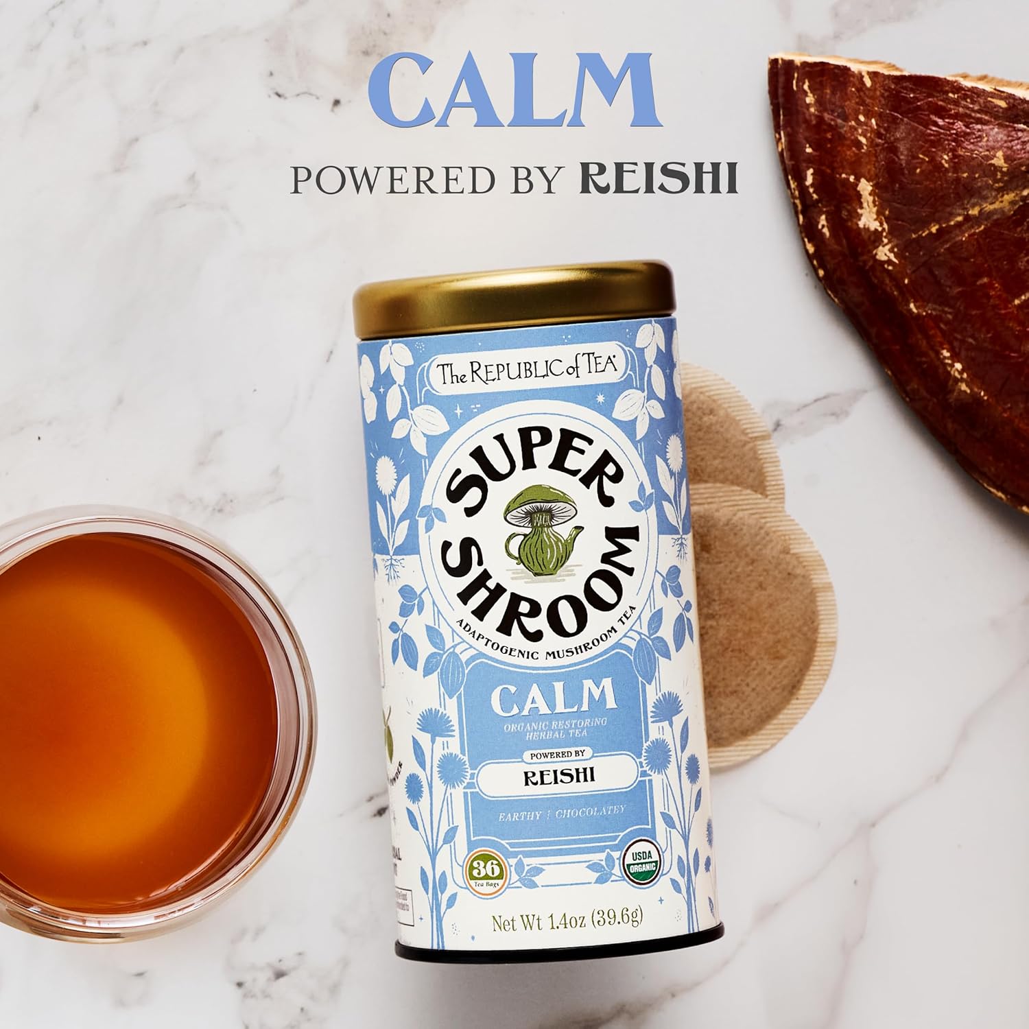 The Republic of Tea SuperShroom Calm Reishi Herbal Tea, Organic Rooibos, Cocoa and Dandelion Root Blend, Low Caffeine, Unbleached Tea Bags in Reusable Tin, 36 Count