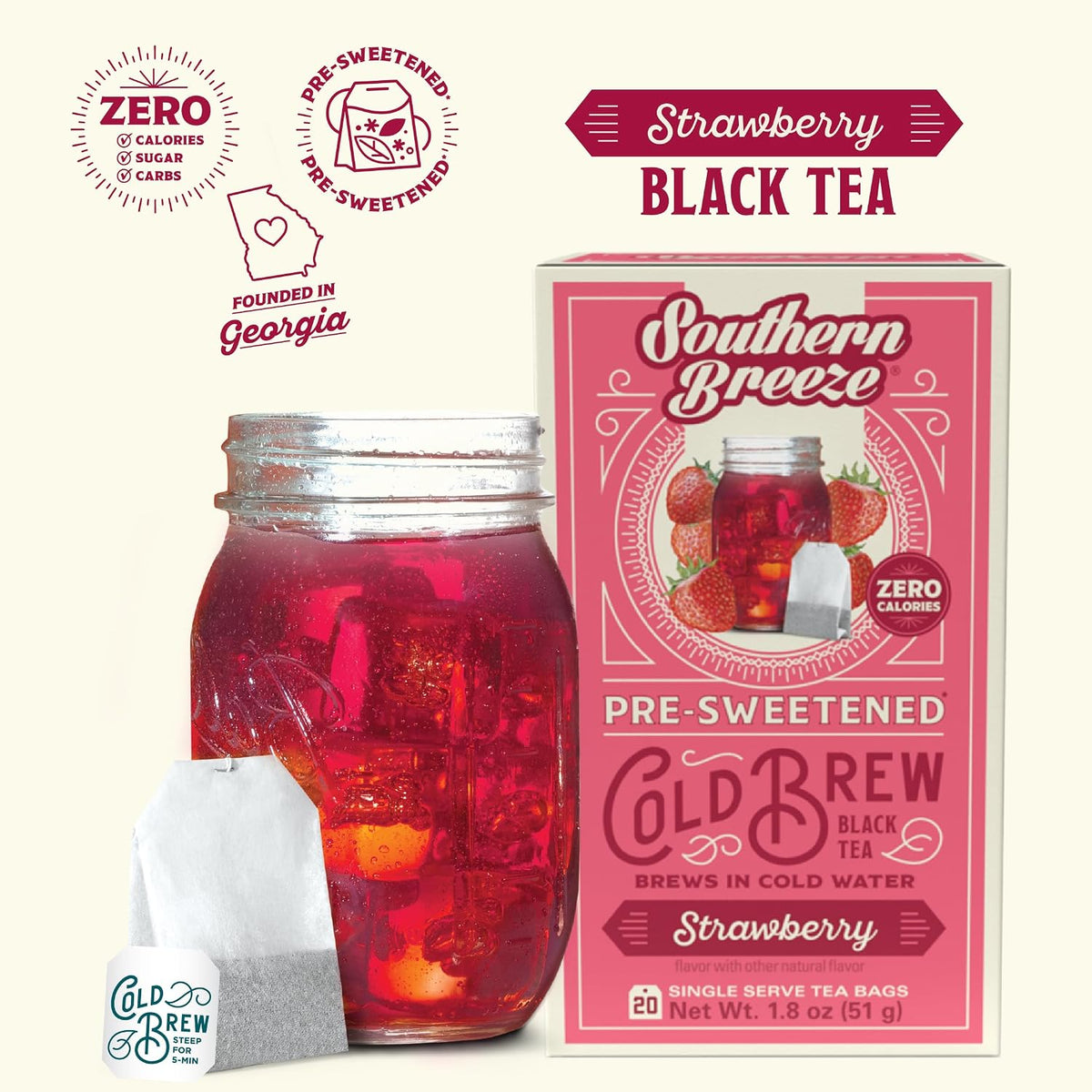 Southern Breeze Cold Brew Sweet Tea Strawberry Iced Tea 20 Tea Bags, 2 Pack