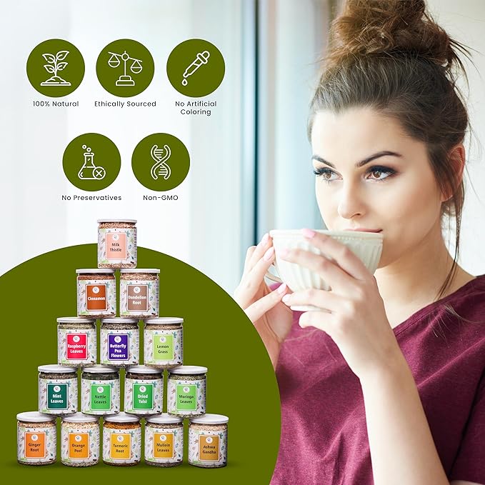 Assorted Loose Leaf Tea, 15 Delightful Herbs, Upto 900 Servings, 100% Raw & Natural, Add Health to your Soups, Smoothies, Teas and more