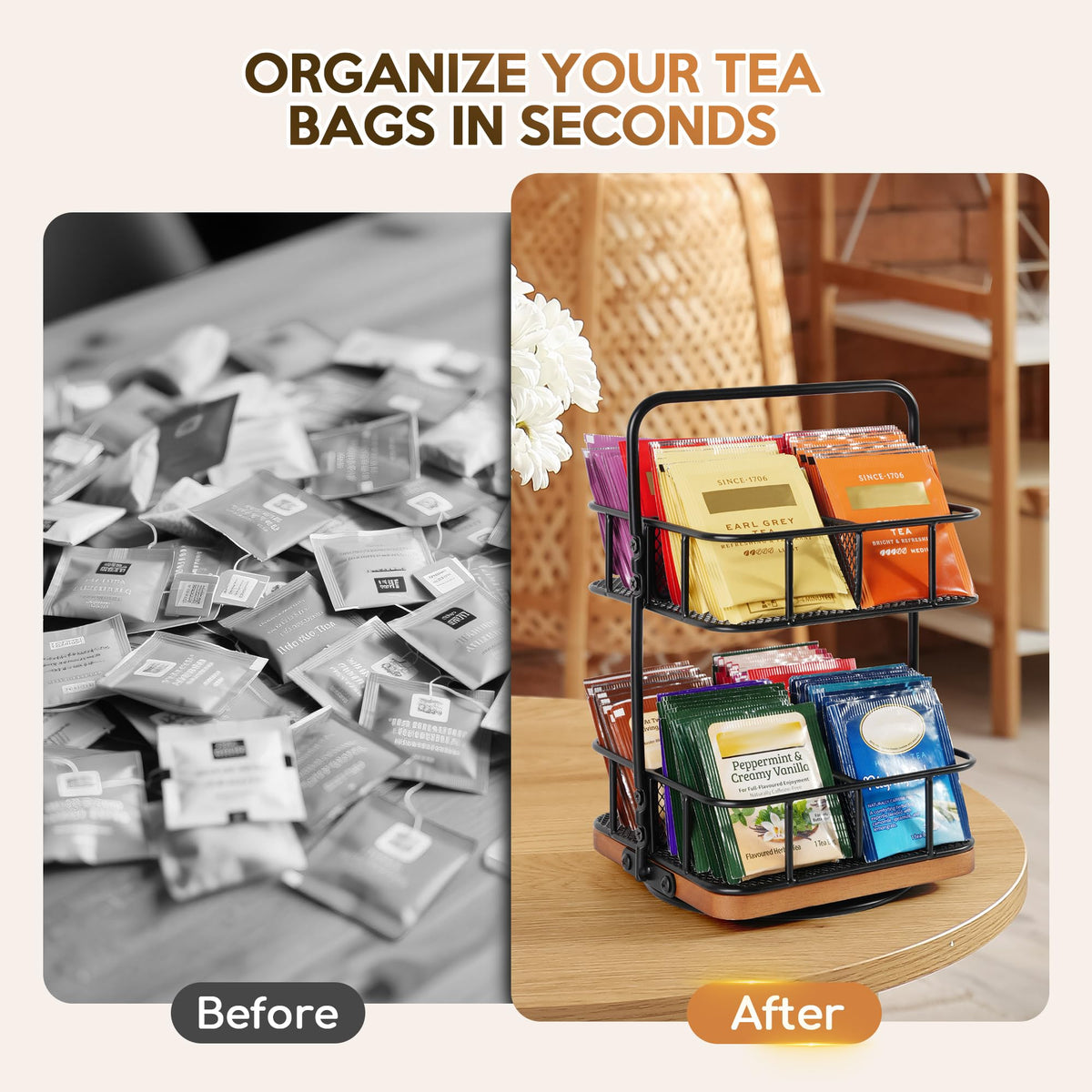 Tea Bunch Rotating 2 Tier Tea Bag Organizer, 360° Spinning Teabag Organizer