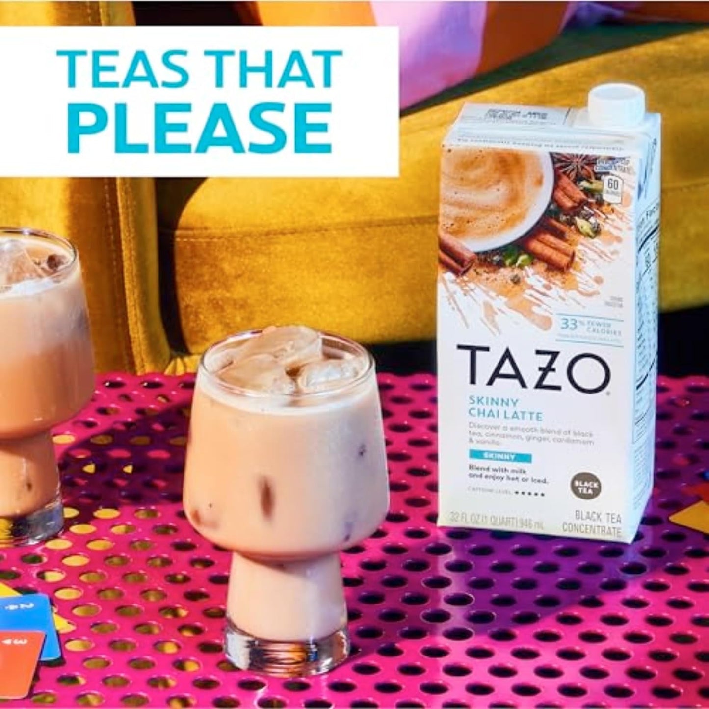 TAZO Skinny Chai Latte Concentrate, 32 oz Cartons, 2-Pack | Low Calorie Black Tea Blend with Cinnamon, Cardamom, Ginger