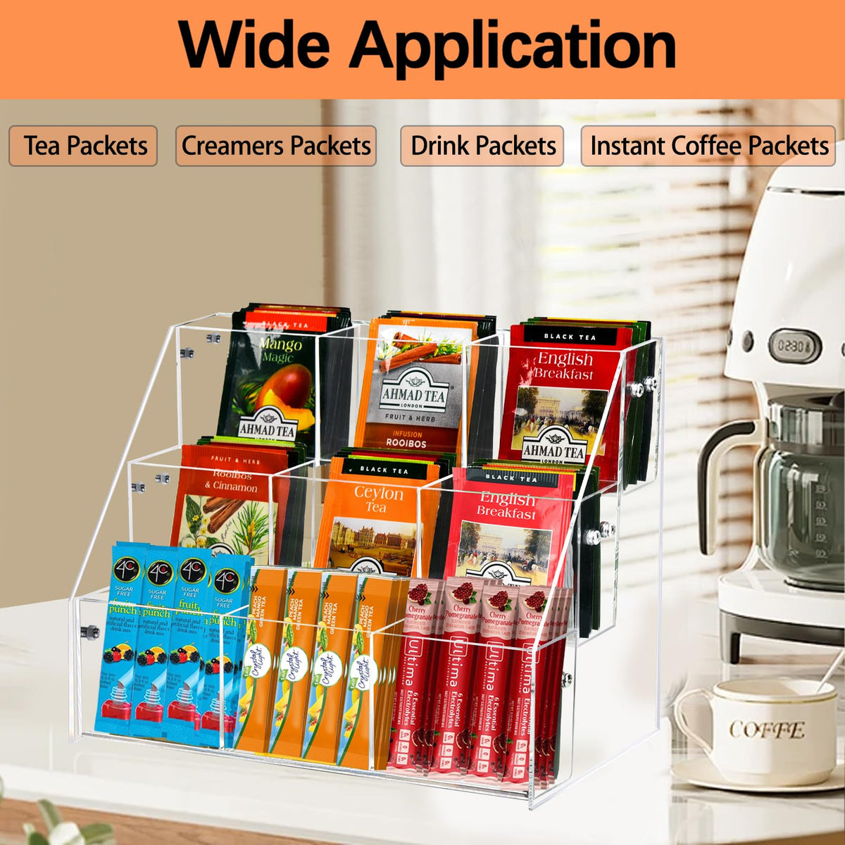 Wuudy Tea Bag Organizer, Acrylic Tea Holder Storage Rack, Assembly Required