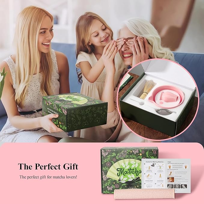 Matcha Whisk Set 7 PCS Matcha Bowl, Matcha Whisk and Holder, Bamboo Scoop and Scoop Rest, Stainless Sifter and Tea Towel Ceramic Matcha Set Japanese Matcha Kit for Matcha Lovers Pink