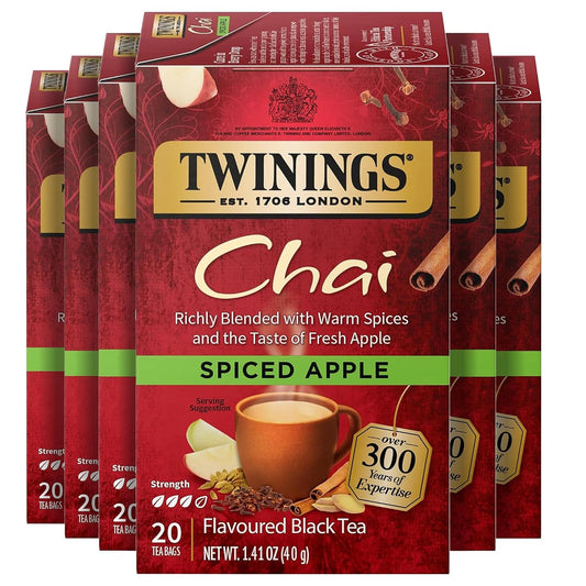 Twinings Spiced Apple Chai Black Tea Bags, 20 CT Box (6 Pack) | Fresh Apple Taste With Cinnamon, Ginger, Cardamom, Clove, Naturally Caffeinated, 120 Foil Lined Individually Wrapped Bags
