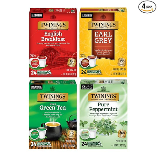 Twinings 96 K-Cup Pods Variety Pack 24 Count (Pack of 4), English Breakfast, Earl Grey, Green, and Pure Peppermint Tea for Keurig and Single Cup Brewers, Enjoy Hot or Iced