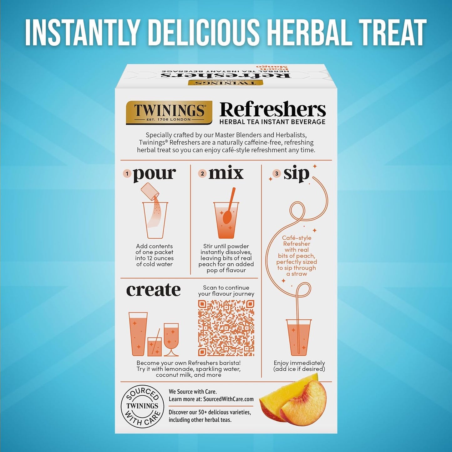 Twinings Peach Mango Refreshers, Herbal Tea Instant Beverage with Real Peach Fruit Bits, 5 Count (Pack of 6), Café Style, No Artificial Sweeteners, Naturally Caffeine-Free Refreshment, 30 Packets | Café Style, Instant Beverage with Real Peach Bits, No Art