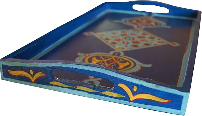 Handmade Moroccan Wood Tray Serving Painted Decorative with Handle for Tea Coffee Breakfast in Bed