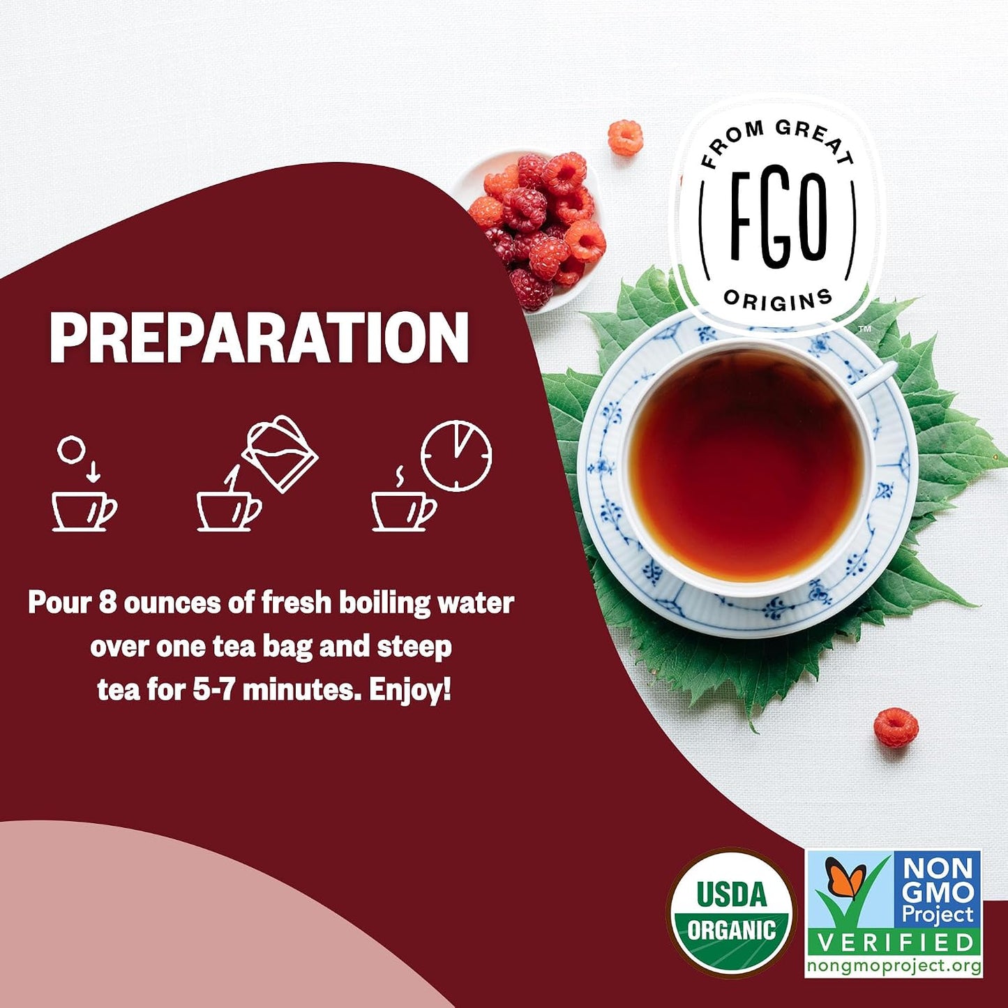 FGO Organic Red Raspberry Leaf Herbal Tea, 40 Count, Eco-Conscious Tea Bags, Caffeine Free (Pack of 1)