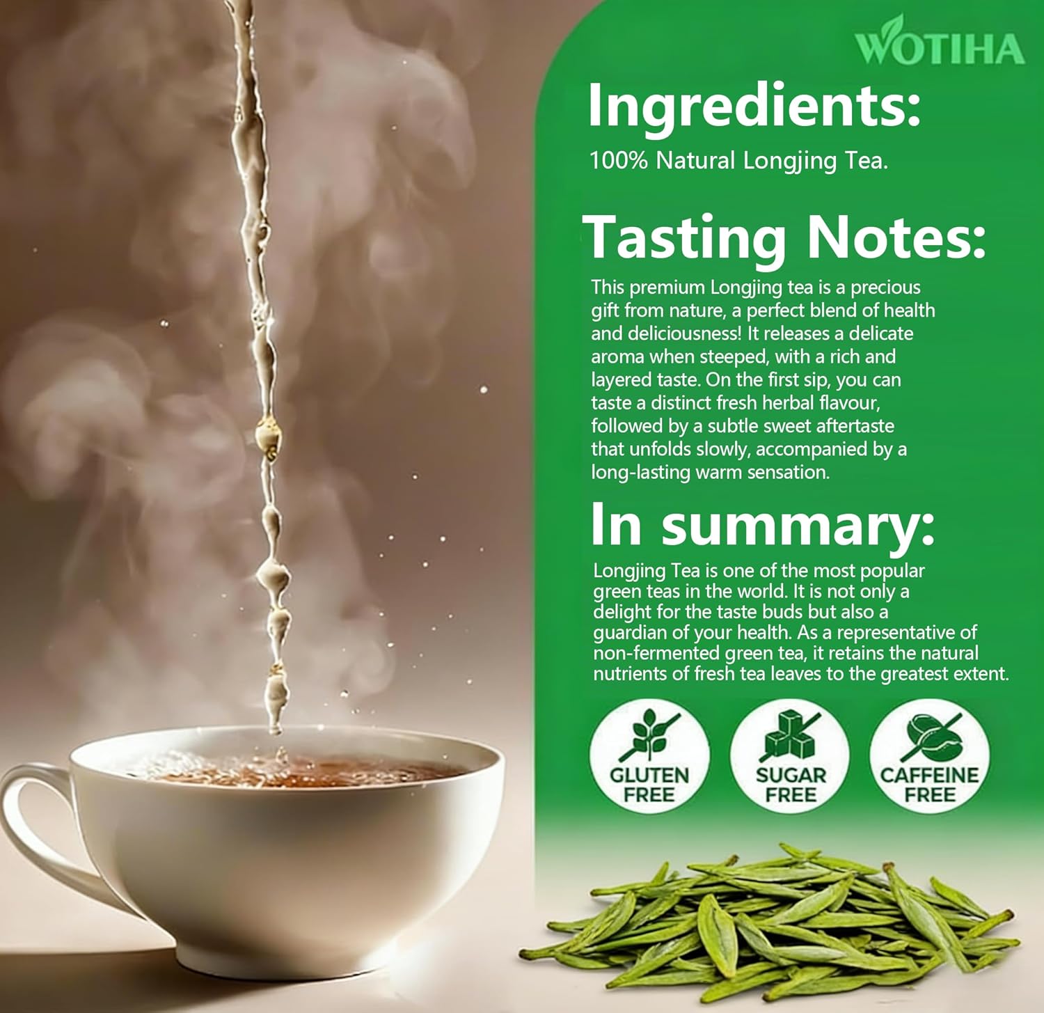 WOTIHA Dragonwell Longjing Green Tea Bags (100 Count) - Premium Spring Harvest Chinese Green Tea - Toasty Nutty Flavor, Rich in Antioxidants - Non-GMO, Caffeine-Free - 8.8oz (250g) Value Pack