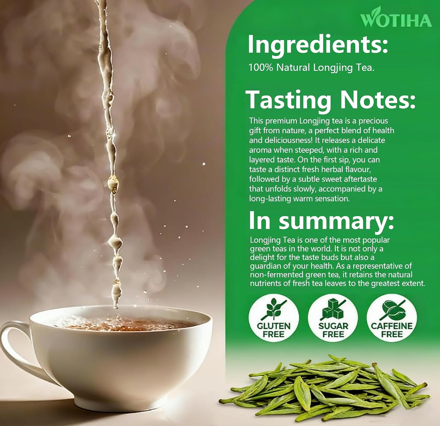 WOTIHA Dragonwell Longjing Green Tea Bags (100 Count) - Premium Spring Harvest Chinese Green Tea - Toasty Nutty Flavor, Rich in Antioxidants - Non-GMO, Caffeine-Free - 8.8oz (250g) Value Pack