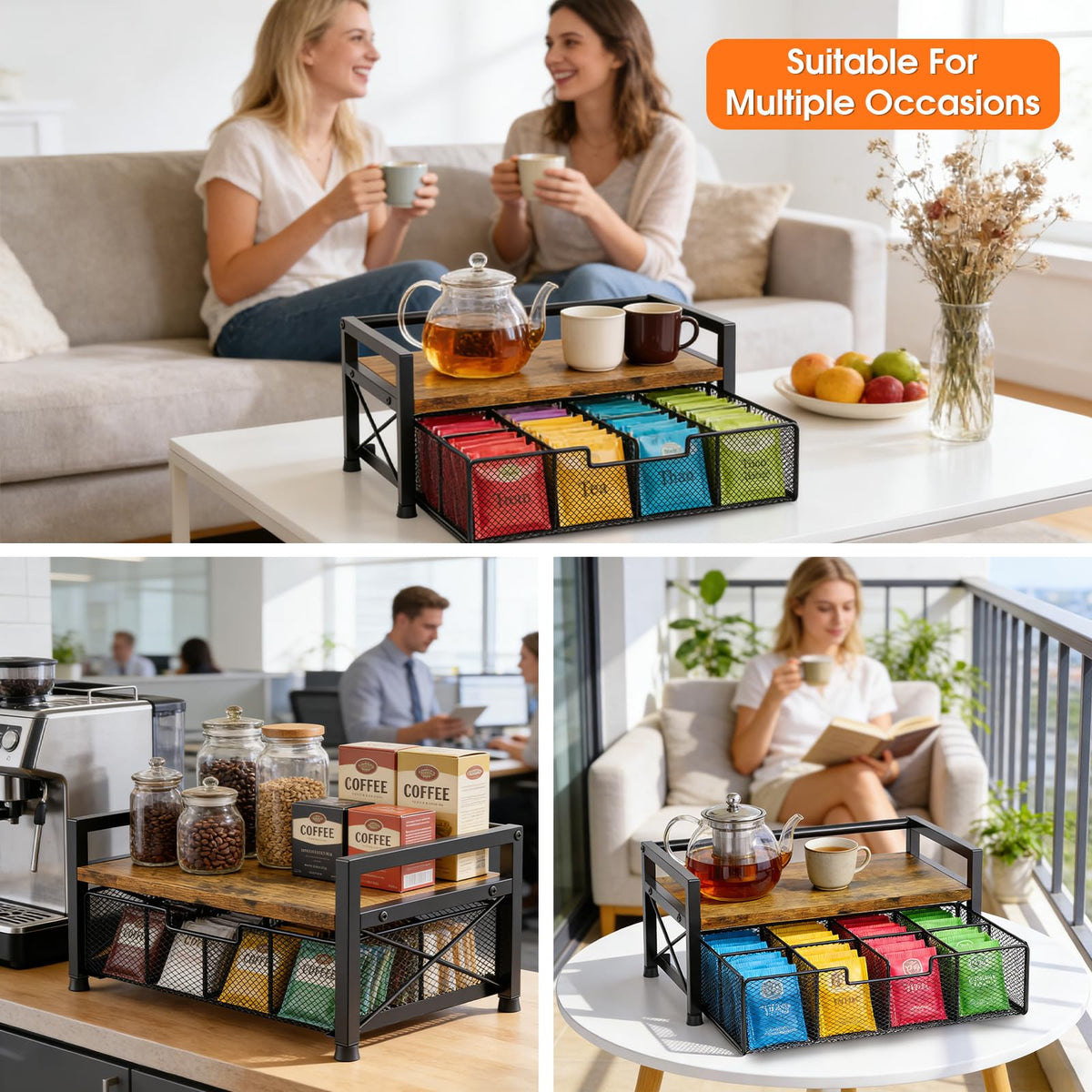 ZssHappy Tea Bag Organizer, Tea Organizers and Storage with 8 Compartments & Drawer, Wooden Metal Tea Bag Holder for