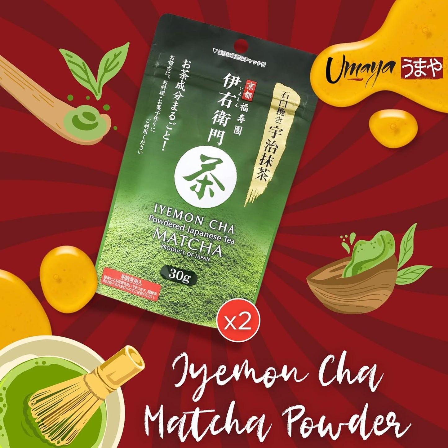 UMAYA - Iyemon Cha Premium Matcha Powder from Kyoto - Stone Ground Uji Matcha Green Tea with Wooden Spoon - Authentic Japanese Matcha for Lattes, Baking & More - 30g x 2