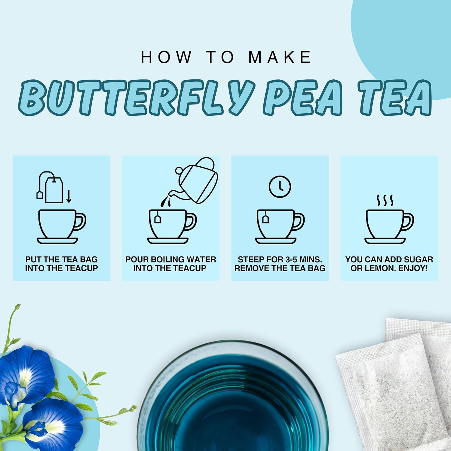 KHWAN'S TEA Organic Butterfly Pea Flower Tea Bags, 100 Count | USDA Organic butterfly pea flower, color-changing blue herbal tea, whole-flower, caffeine-free, vegan, Thai-grown, 100 ct