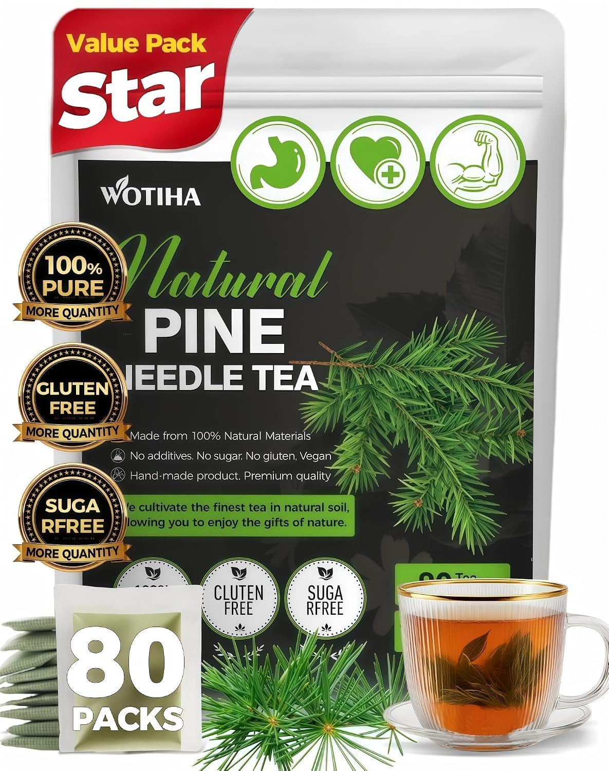 WOTIHA 80 Count Premium Wild-Harvested Pine Needle Tea Bags - 100% Natural White Pine Needles, Antioxidant &amp; Immune Support, Aromatic &amp; Soothing, Caffeine-Free, Additive-Free, Vegan.Non-GMO