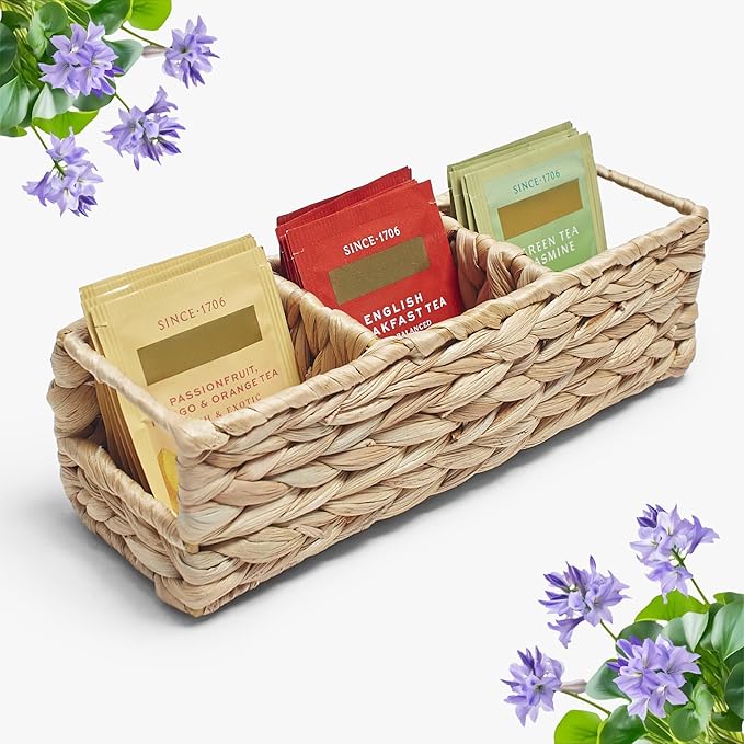 Triluxe Wicker Tea Bag Organizer, 3-Compartment Water Hyacinth Tea Holder for Countertop, Compact Tea Caddy & Sugar Packet Holder for Tea Station