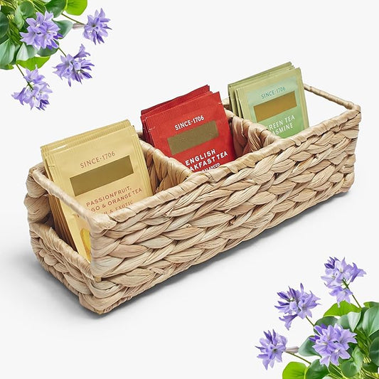 Triluxe Wicker Tea Bag Organizer, 3-Compartment Water Hyacinth Tea Holder for Countertop, Compact Tea Caddy & Sugar Packet Holder for Tea Station