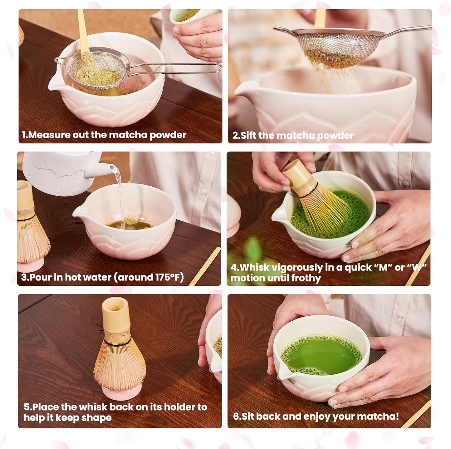 Matcha Whisk Set, Lotus Green Ceramic Matcha Set Includes Matcha Bowl, Matcha Whisk (Chasen) and Holder, Sifter, Bamboo Scoop &amp; Spoon - 6 Pcs Matcha Kit for Matcha Lovers