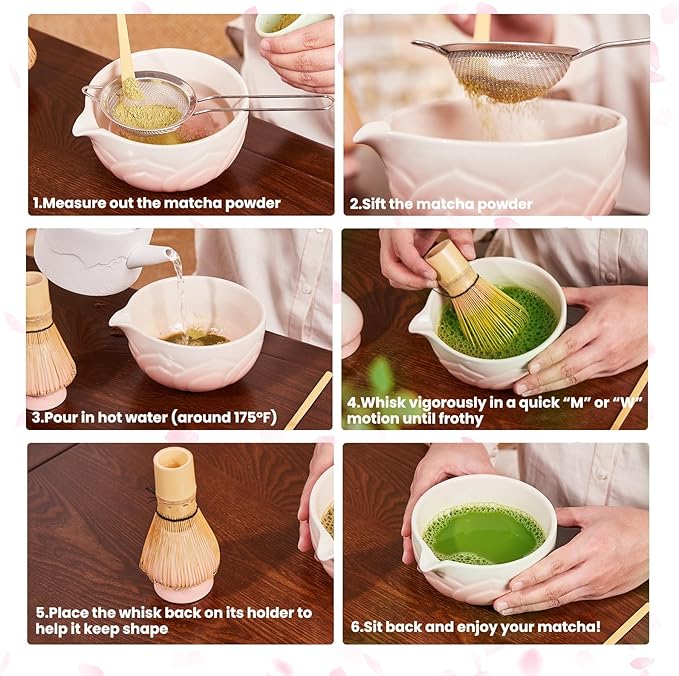 Matcha Whisk Set, Lotus Gradient Red Ceramic Matcha Set Includes Matcha Bowl, Matcha Whisk (Chasen) and Holder, Sifter, Bamboo Scoop & Spoon - 6 Pcs Matcha Kit for Matcha Lovers