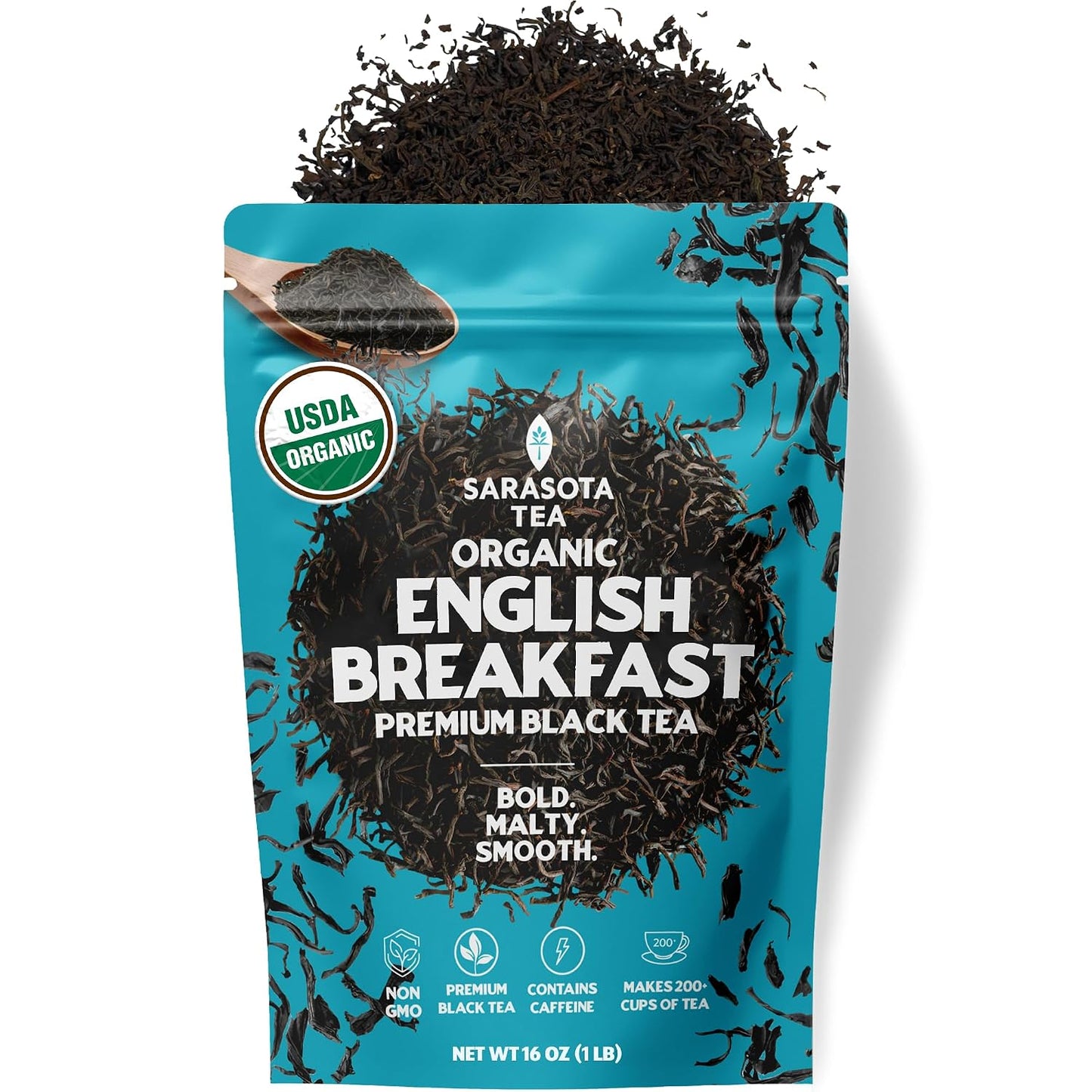 USDA Organic English Breakfast Black Tea, Loose Leaf, 1 lb (16 oz) | Robust malty flavor, strong breakfast tea, high caffeine, bulk loose leaf, resealable bag, hot or iced tea