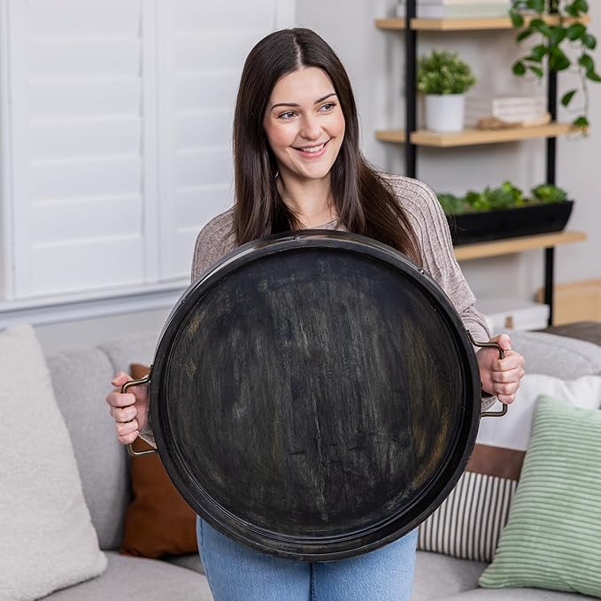 20” Large Round Ottoman Tray, Distressed Black Mango Wood, Rustic Farmhouse Style with Antique Brass Handles & Accent Strap, Large Coffee Table Tray for Tea, Breakfast in Bed, Living Room