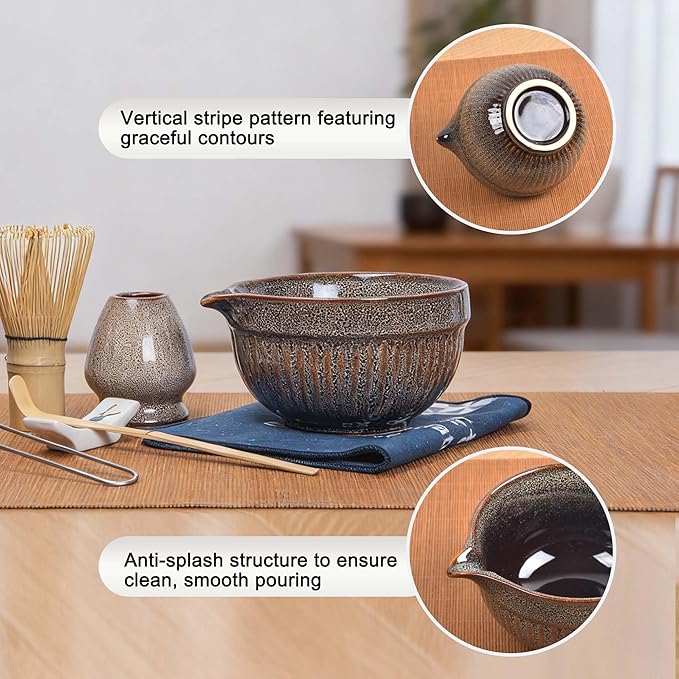Matcha Whisk Set – Ceramic Matcha Bowl with Spout, Bamboo Whisk, Scoop, Ceramic Holders, Stainless Sifter, Towel