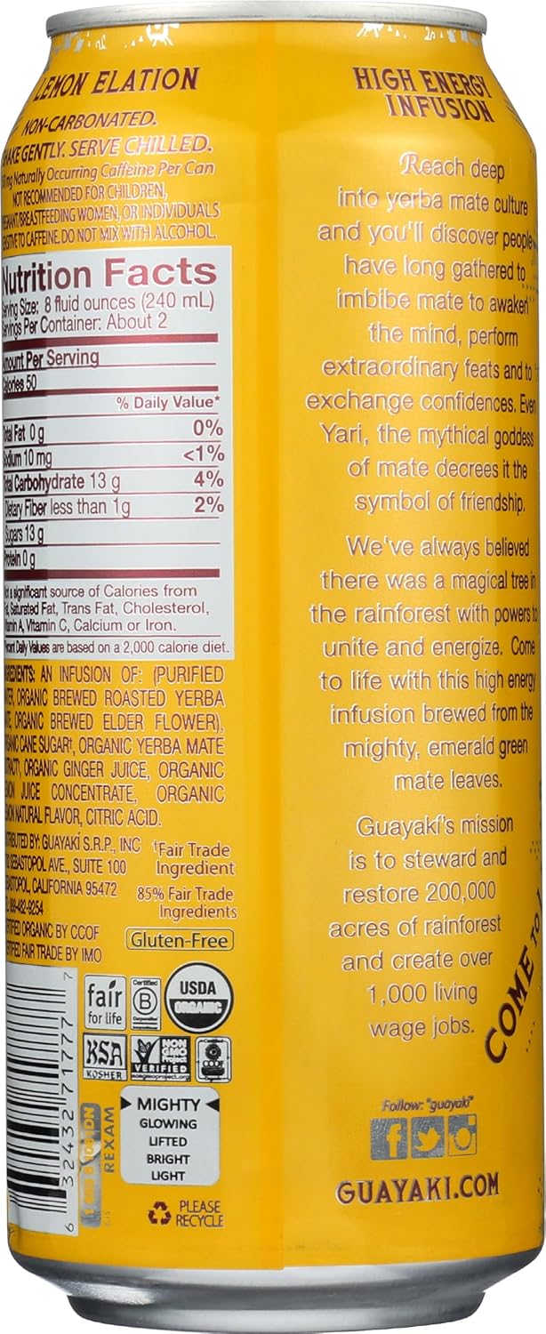 Guayakí Yerba Mate, Energy Drink Alternative, Organic Lemon Elation Flavor, 15.5 Oz, 150mg Natural Caffeine, Smooth Energy & Focus