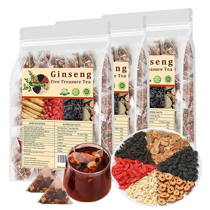 Ginseng Five Treasure Tea, Herbal Tea Formula Ginseng Six Treasure Red Date Natural, Organic Chinese Herbal for Men & Women (3 Bags 75 Pcs)