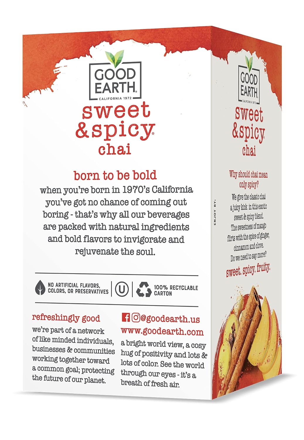 Good Earth Tea, Sweet &amp; Spicy Chai Black Tea, 18 Count, Pack of 6, Hot or Iced, Iconic Sweet &amp; Spicy with Bold Chai Spices