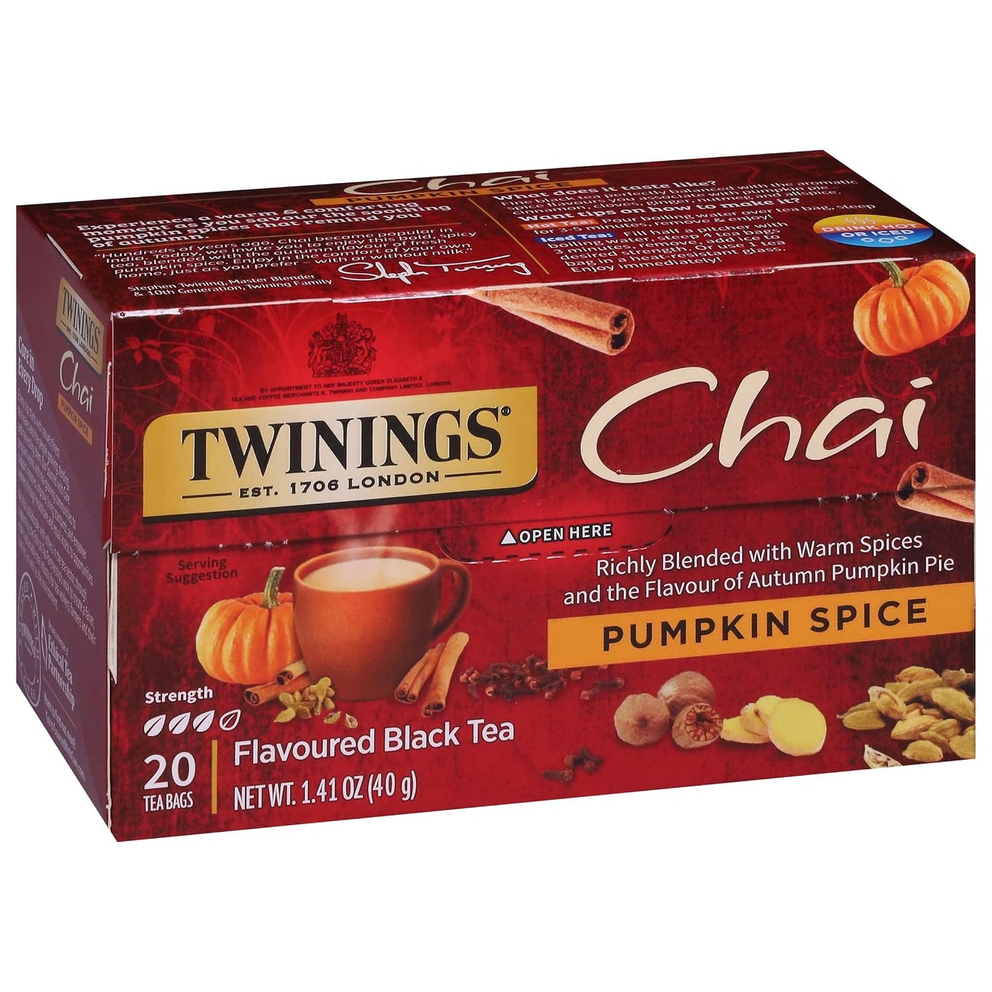 Twinings Pumpkin Spice Chai Black Spicy Tea Bags, 20 CT Box (6 Pack) | Pumpkin Pie Flavour, Cinnamon, Ginger, Allspice, Nutmeg, Clove, Contains Caffeine, 120 Foil Lined Individually Wrapped Bags