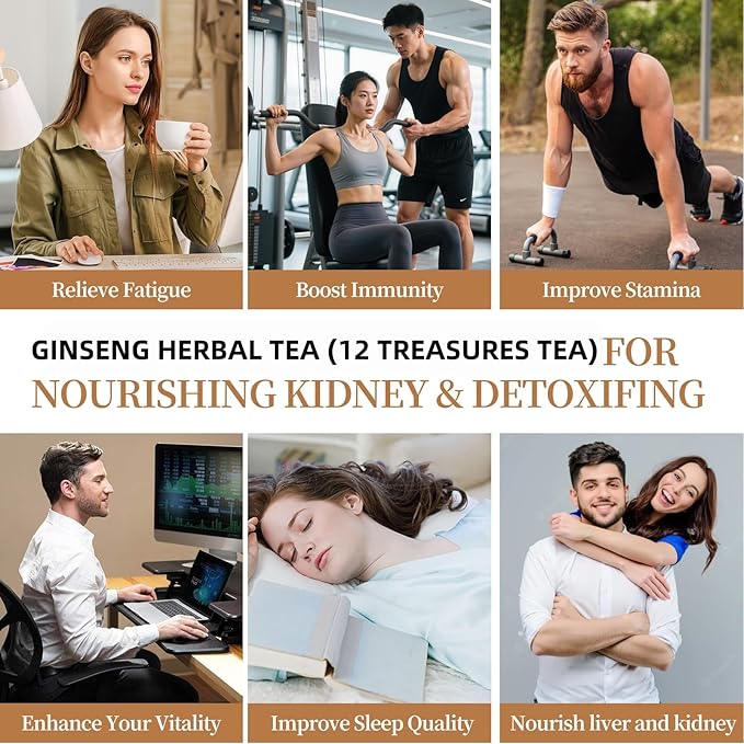 Premium Ginseng Tea - Natural Organic Herbal Tea - 12 Herbal Blend with Goji Berry，Jujube, Longan, Mulberry & Maca - Caffeine & Sugar Free