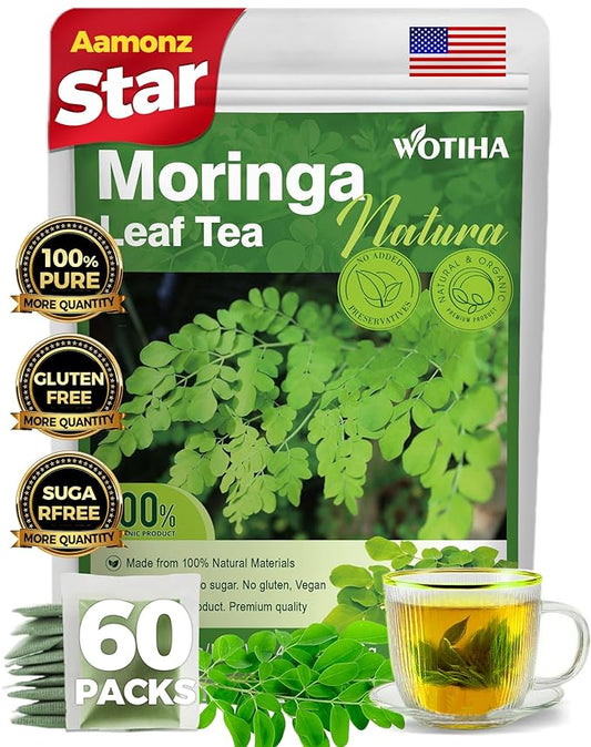 WOTIHA-Natural Moringa Leaf Tea 120g. 60 Herbal Tea Bags.100% Natural & Pure from Moringa Leaves，Non-GMO • Additive-Free • Caffeine-Free • Sugar-Free